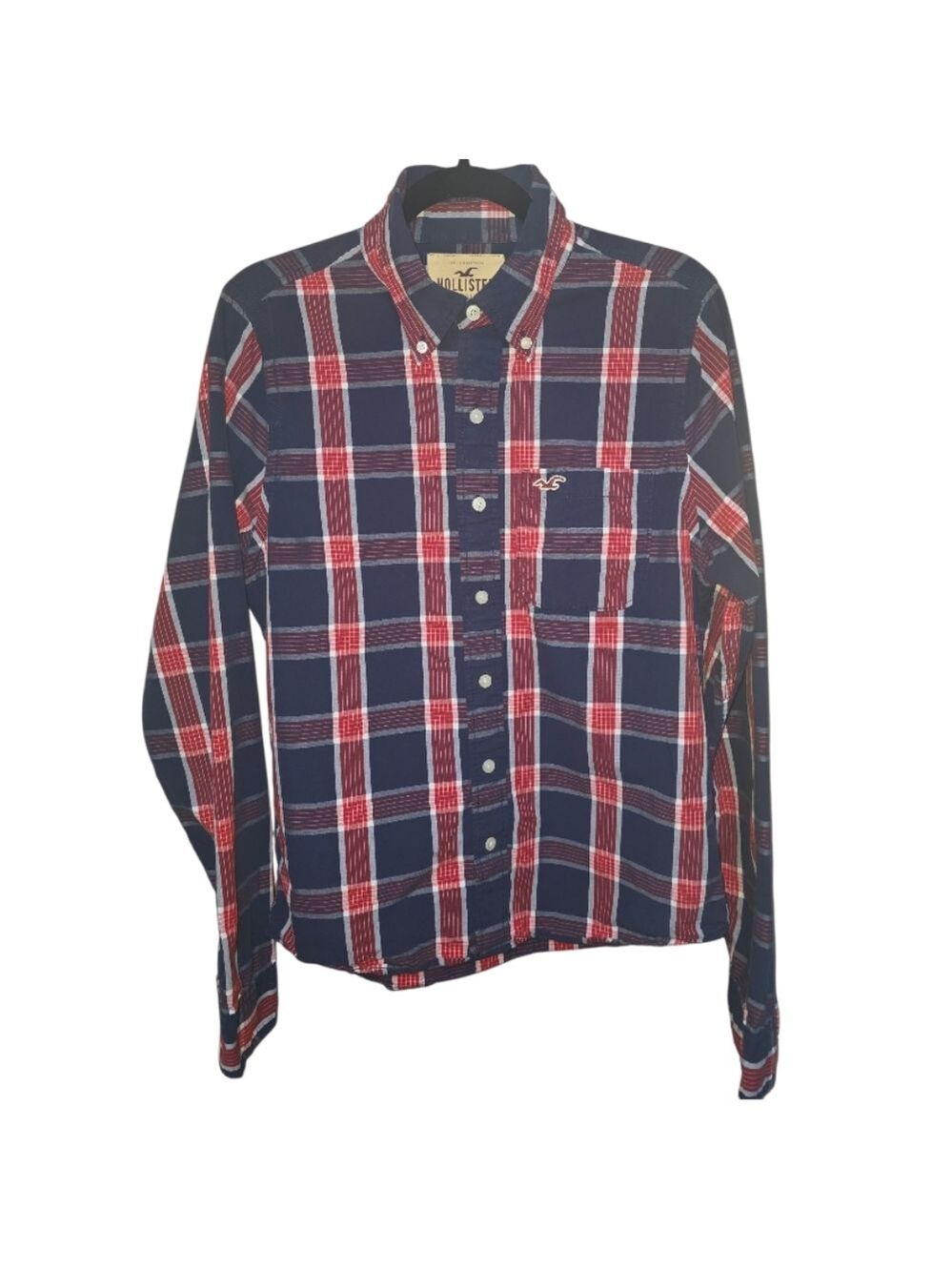 Hollister Men's Plaid Shirt in Red and Blue